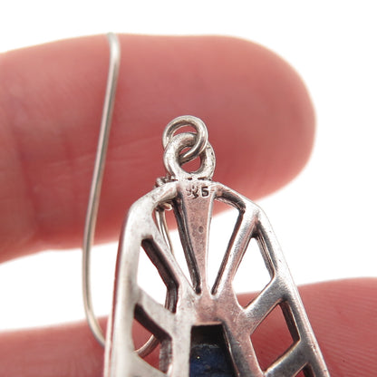 925 Sterling Silver Vintage Real Lapis Modernist Oxidized Dangle Earrings