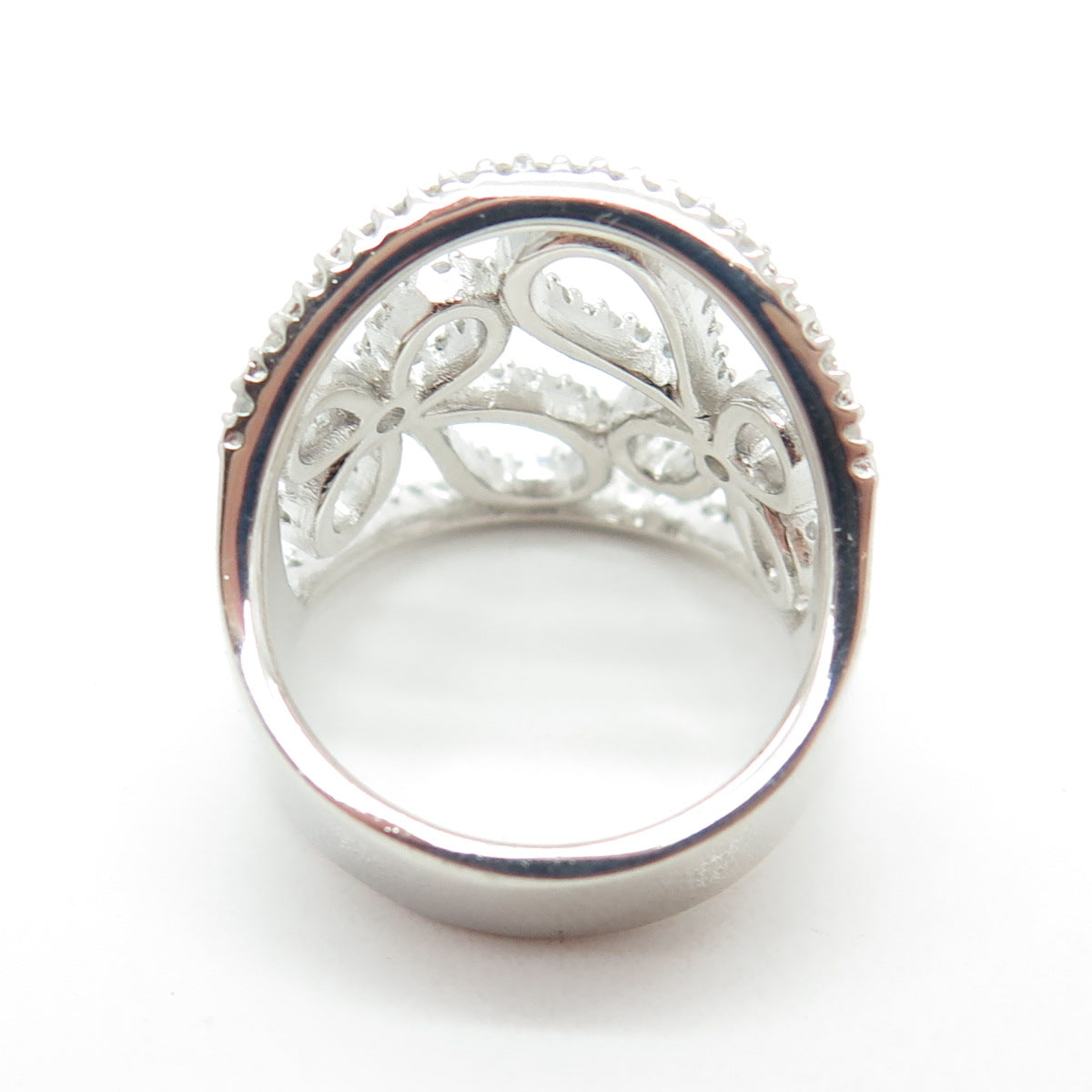 925 Sterling Silver Real Round-Cut Diamond Floral Cross Ring Size 7