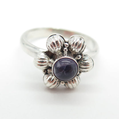 925 Sterling Silver Vintage Real Amethyst Flower Ring Size 6.5