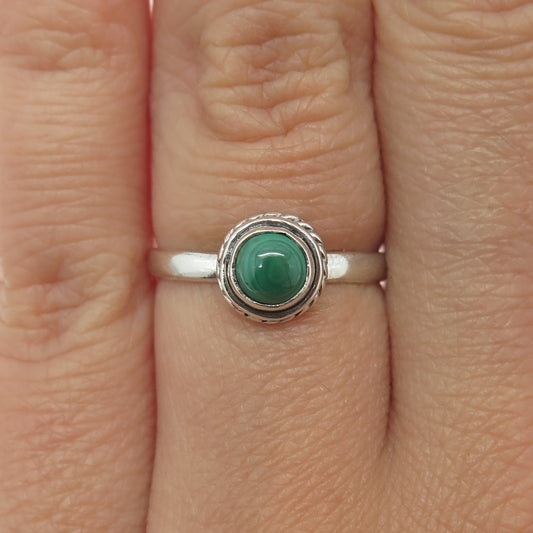 925 Sterling Silver Vintage Real Cabochon Malachite Ring Size 5.75