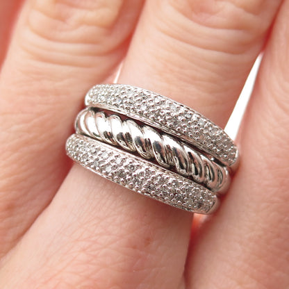 925 Sterling Silver Real Round-Cut Diamond Twisted 3-Row Ring Size 7.25