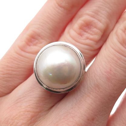 925 Sterling Silver Vintage Real Pearl Modernist Oxidized Ring Size 6.25