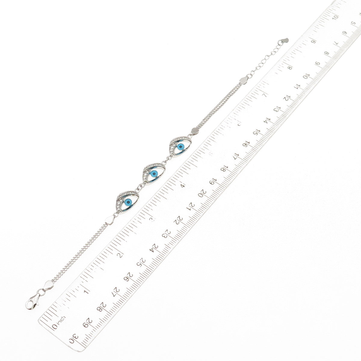 925 Sterling Silver Round-Cut C Z Evil's Eye Double Box Link Bracelet 7-8"