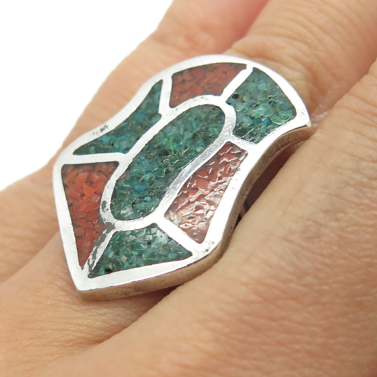 Old Pawn 925 Sterling Silver Southwestern Turquoise & Coral Inlay Ring Size 6.75