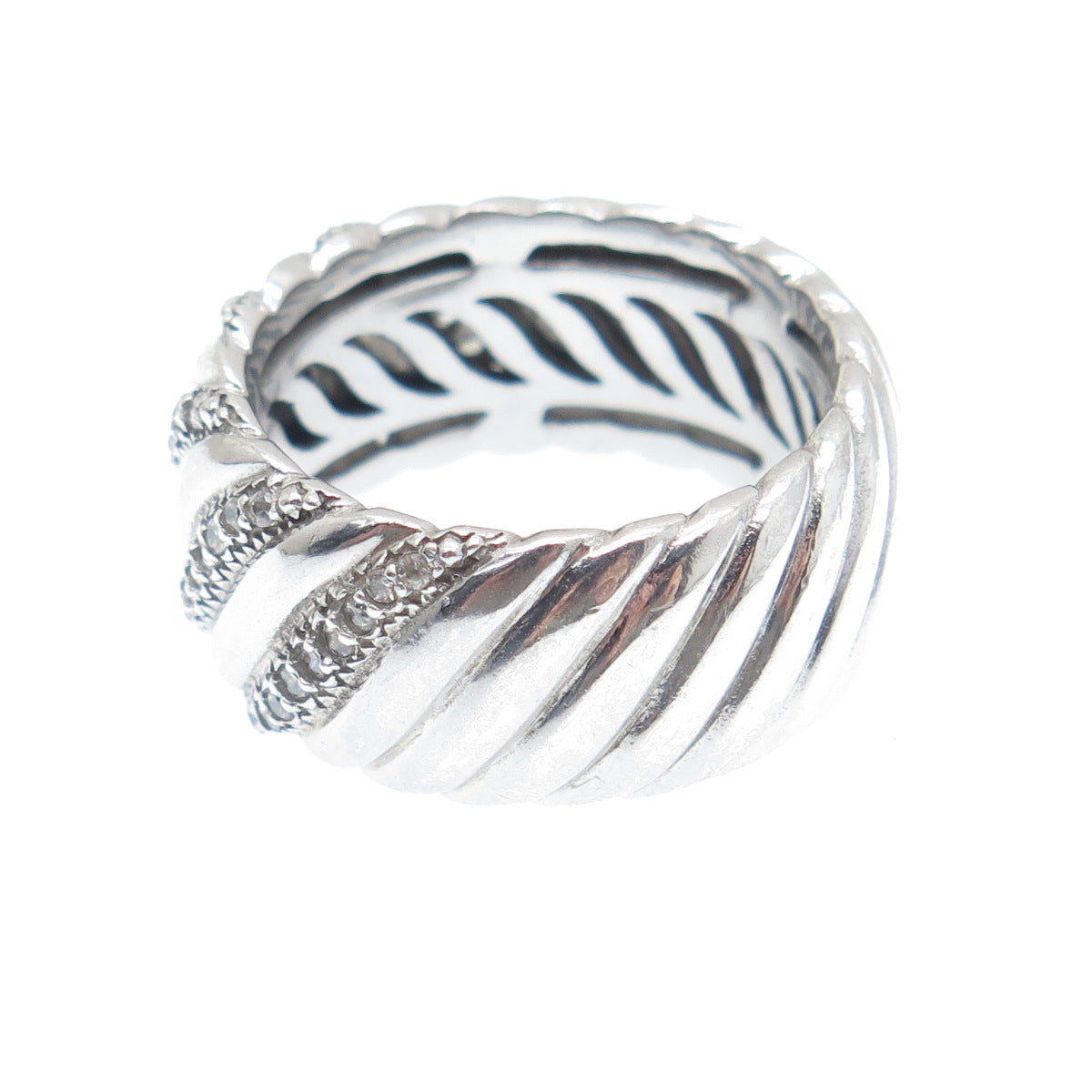 JOSE HESS 925 Sterling Silver Round-Cut C Z Wavy Ribbed Band Ring Size 8
