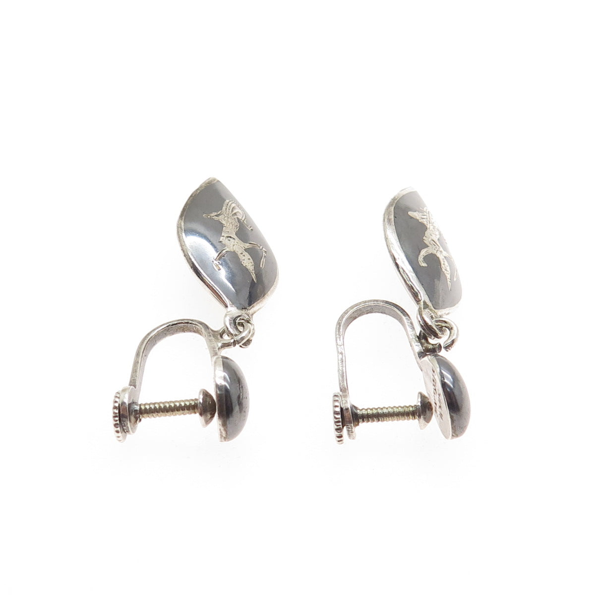 925 Sterling Silver Antique Siam Niello Hindu Goddess Screw Back Earrings