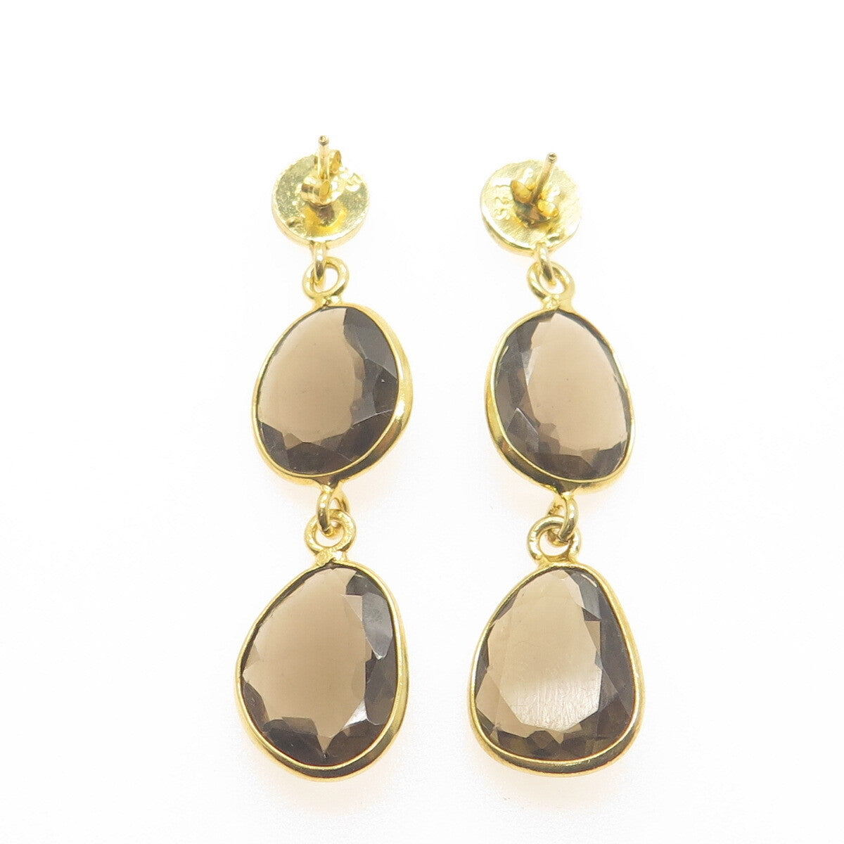925 Sterling Silver Gold Plated Vintage Smoky Quartz Modernist Dangle Earrings