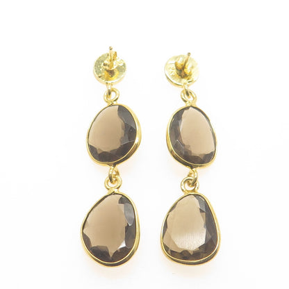 925 Sterling Silver Gold Plated Vintage Smoky Quartz Modernist Dangle Earrings