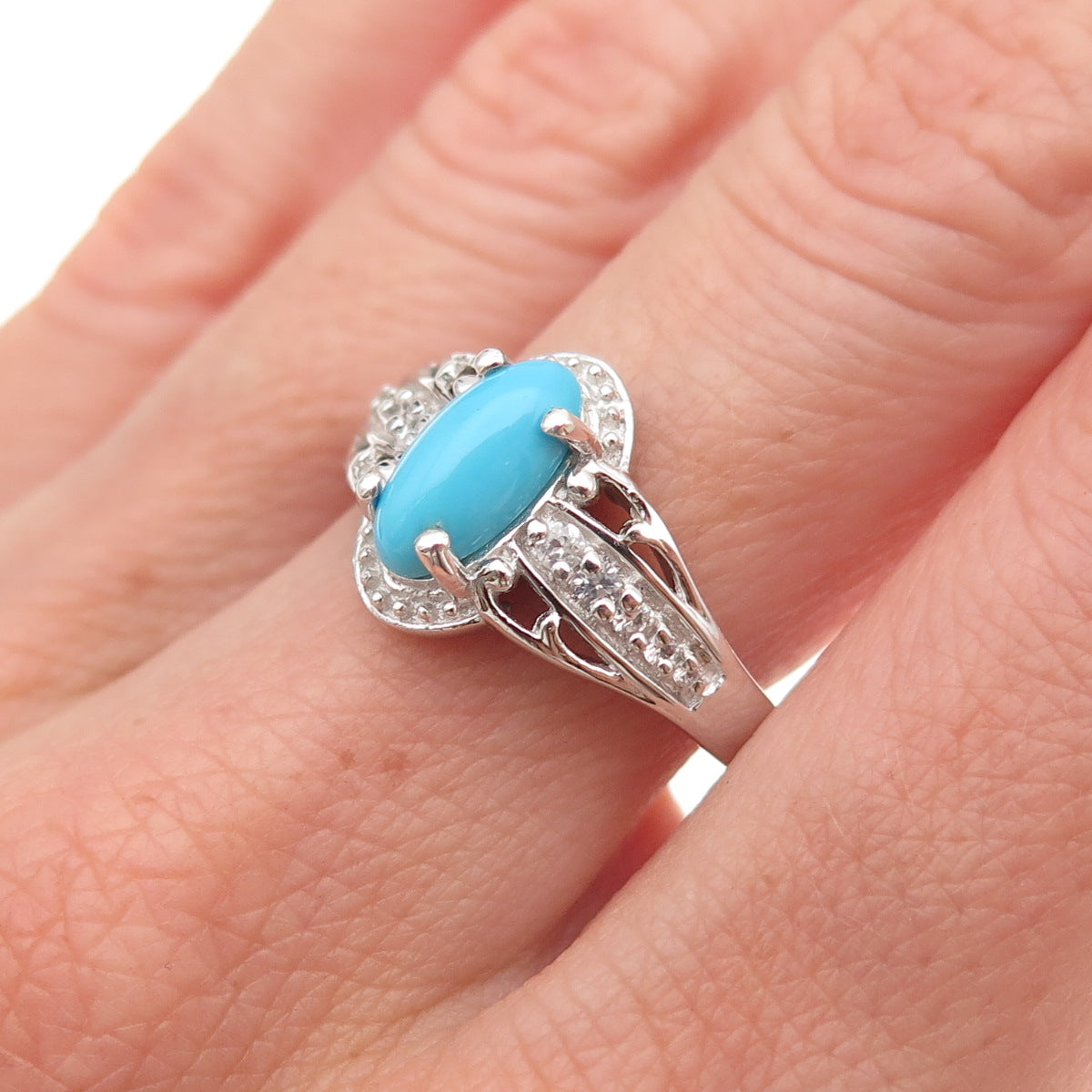 Chuck Clemency 925 Sterling Silver Real Turquoise & White Topaz Ring Size 8