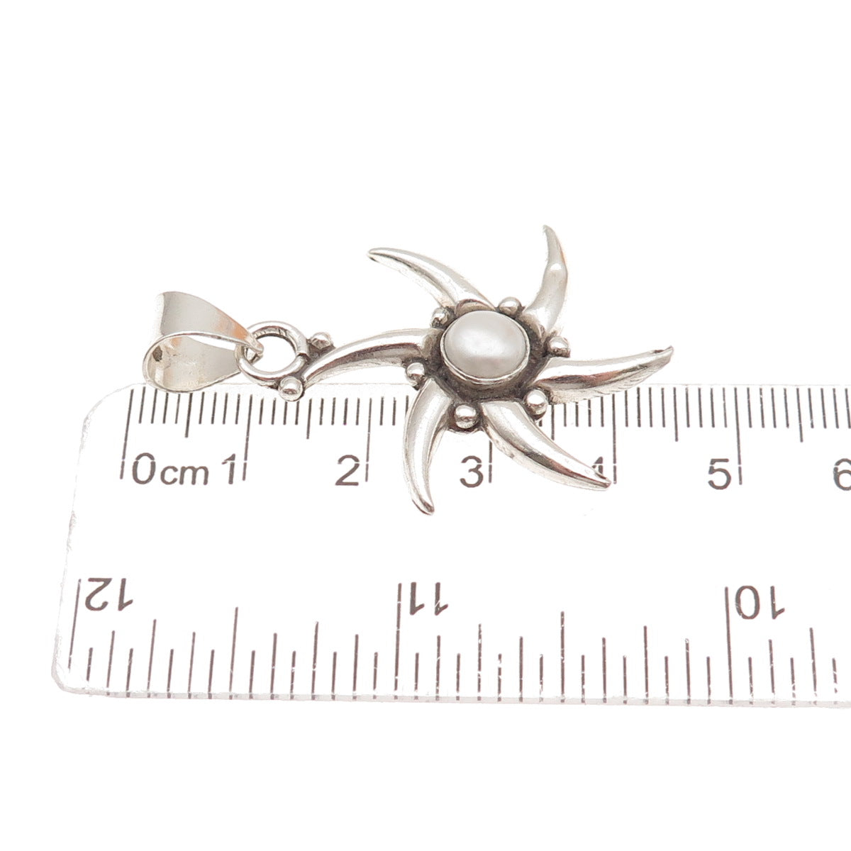 925 Sterling Silver Vintage Real Pearl Sunburst Oxidized Charm Pendant