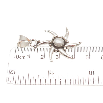 925 Sterling Silver Vintage Real Pearl Sunburst Oxidized Charm Pendant