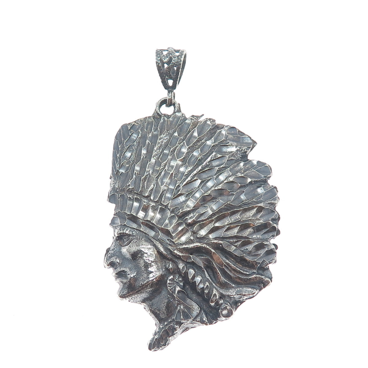 925 Sterling Silver Vintage Southwestern Indian Chief Head Oxidized Pendant