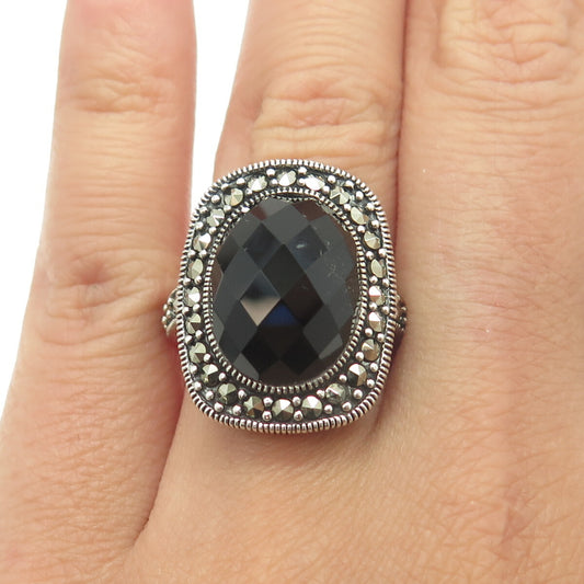 CHAPAL ZENRAY 925 Sterling Silver Vintage Real Black Onyx Marcasite Ring Size 6