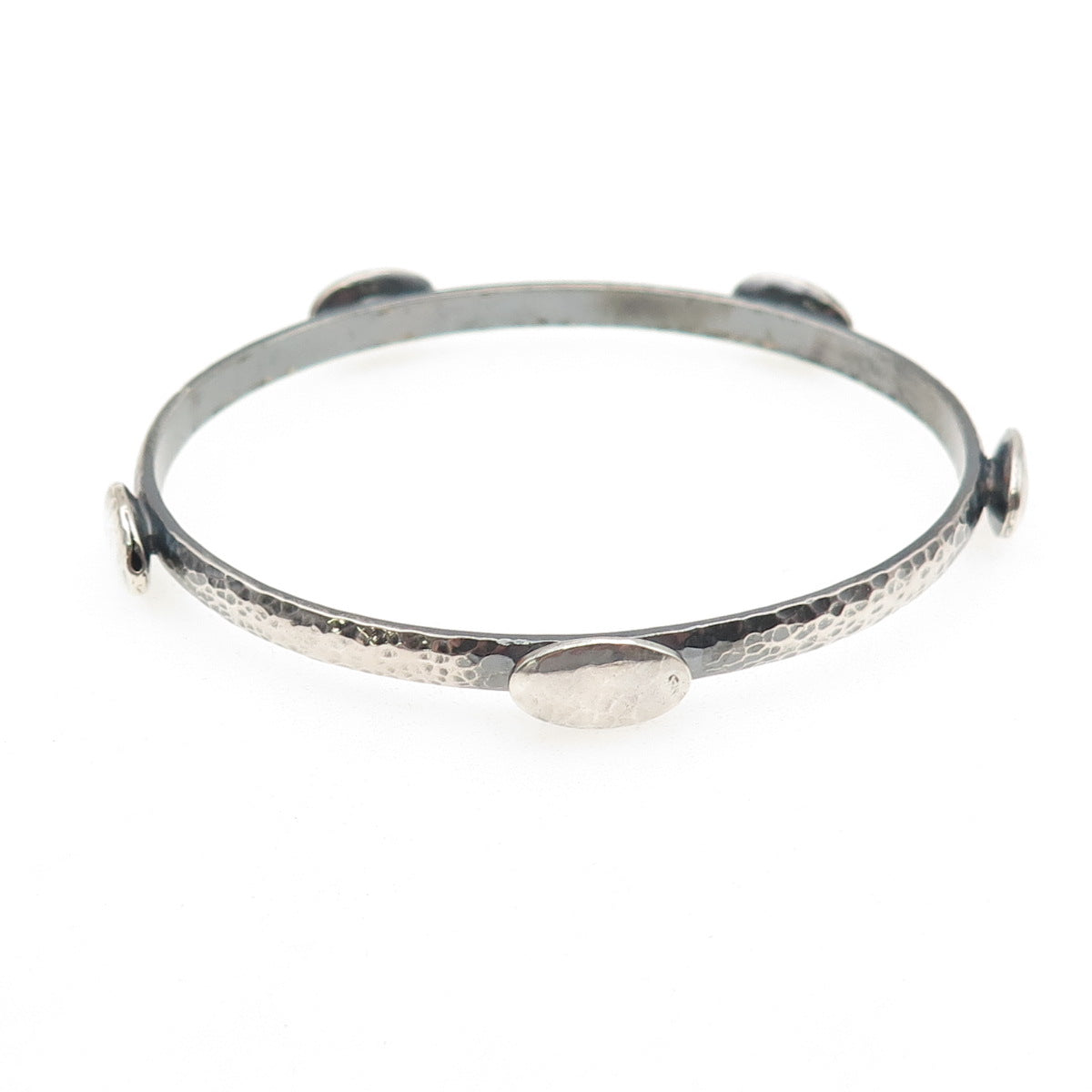925 Sterling Vintage Modernist Station Hammered Oxidized Bangle Bracelet 8"
