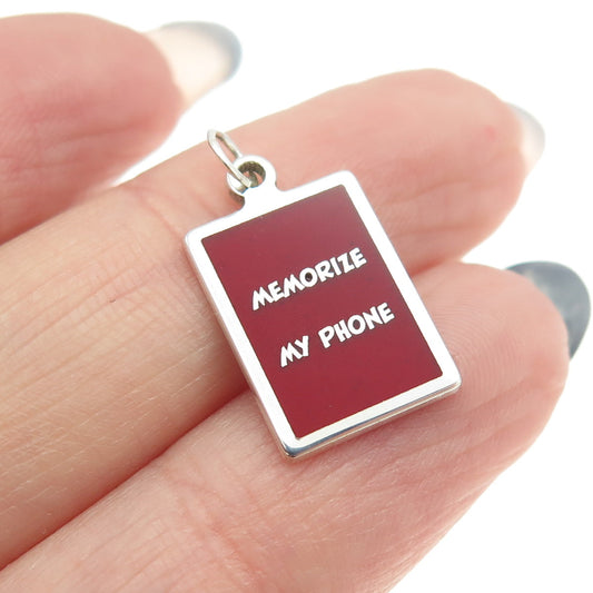 925 Sterling Silver Red Enamel "Memorize My Phone" Minimalist Charm Pendant