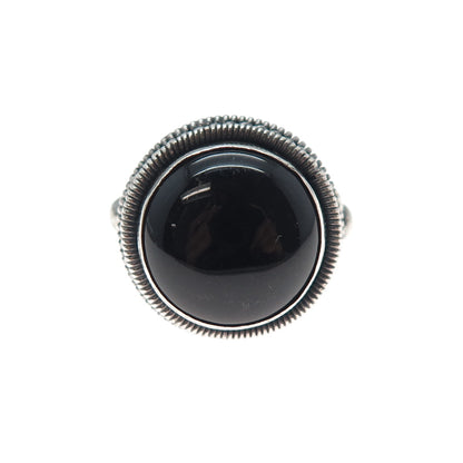 925 Sterling Silver Vintage Real Black Onyx Modernist Oxidized Ring Size 7