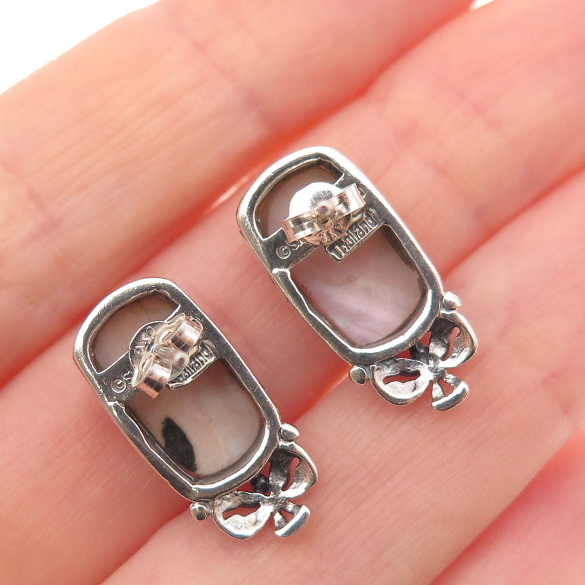 SX Sally C 925 Sterling Silver Vintage Real MOP Modernist Bow Earrings