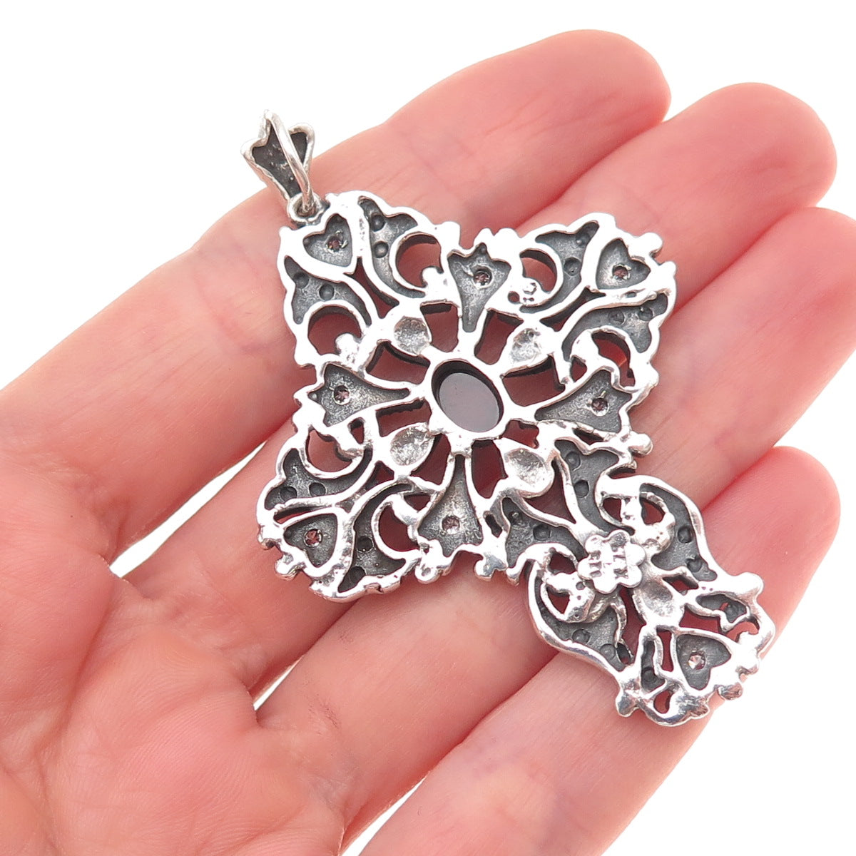 925 Sterling Silver 2-Tone Vintage Real Rhodolite & C Z Floral Cross Pendant