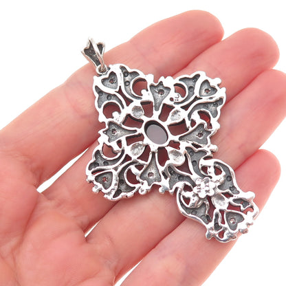 925 Sterling Silver 2-Tone Vintage Real Rhodolite & C Z Floral Cross Pendant
