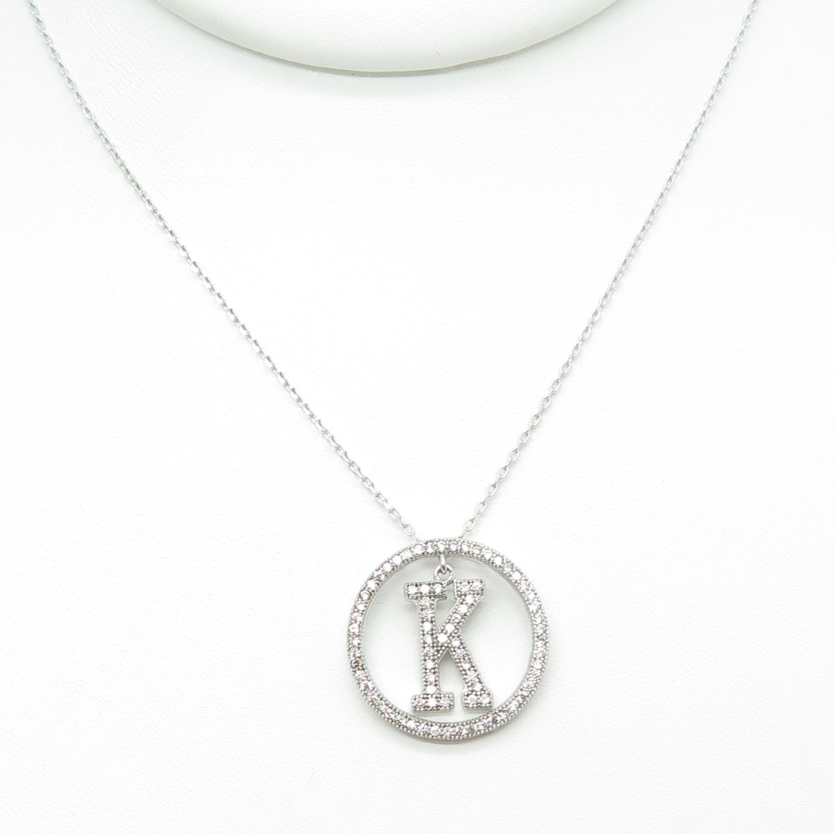 925 Sterling Silver Round-Cut C Z Letter "K" Initial Cable Chain Necklace 16-18"