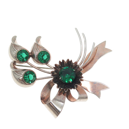 925 Sterling Silver Antique Art Deco Green Rhinestone Floral Leaf Bow Pin Brooch