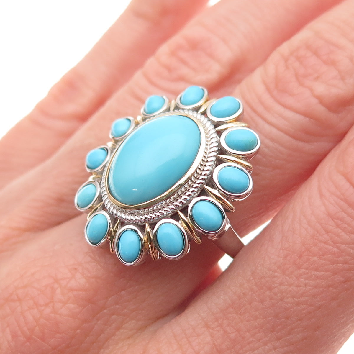 925 Sterling Silver Real Sleeping Beauty Turquoise Floral Ring Size 8.25