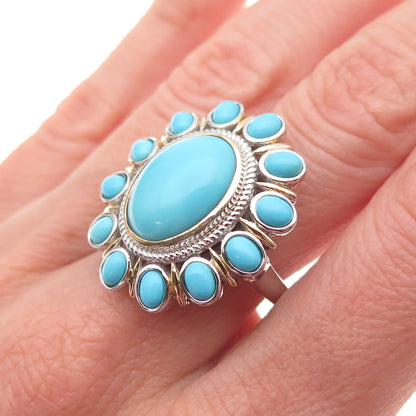 925 Sterling Silver Real Sleeping Beauty Turquoise Floral Ring Size 8.25