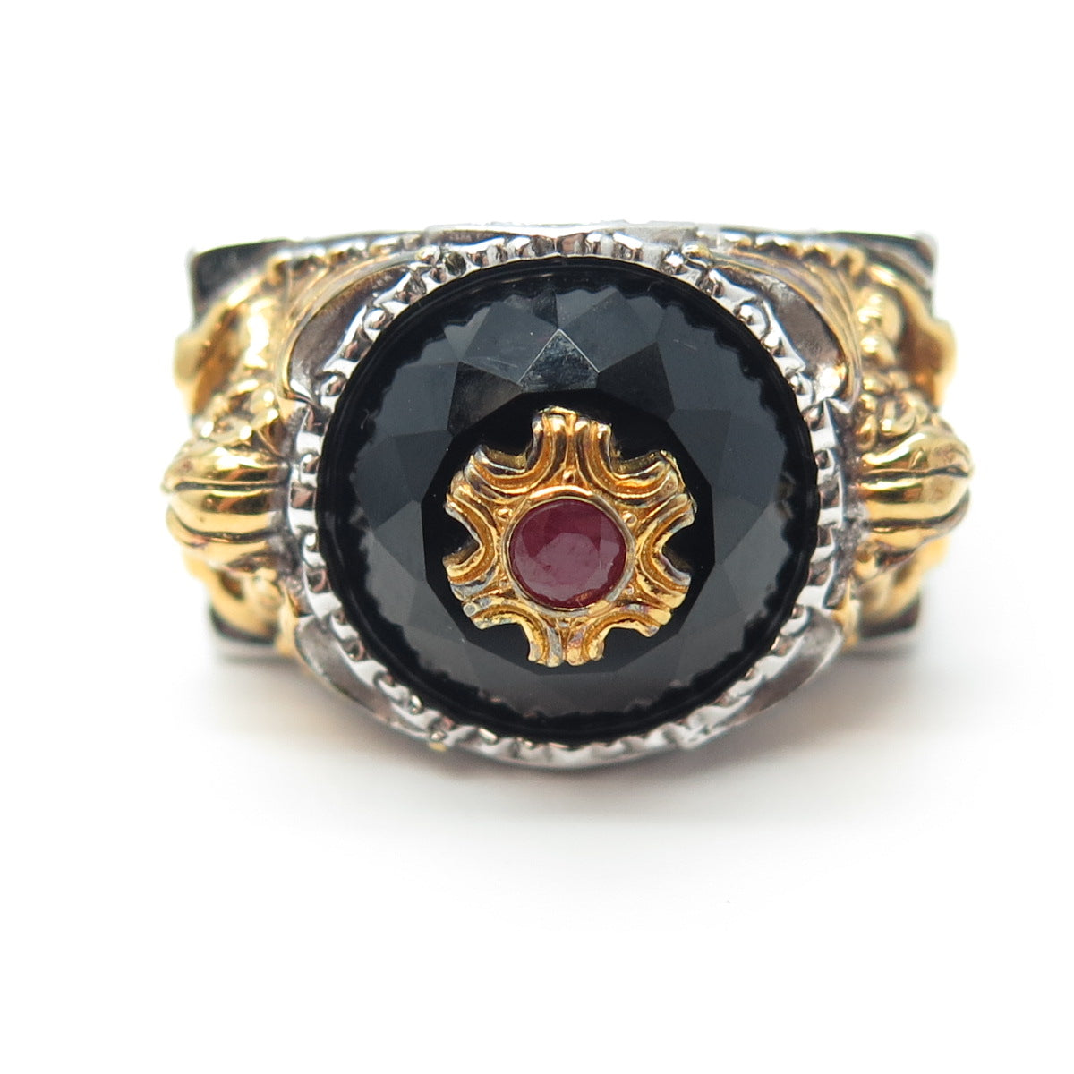 FRANKLIN MINT Sterling Silver 2-Tone Real Ruby Black Spinel Griffin Ring Size 12