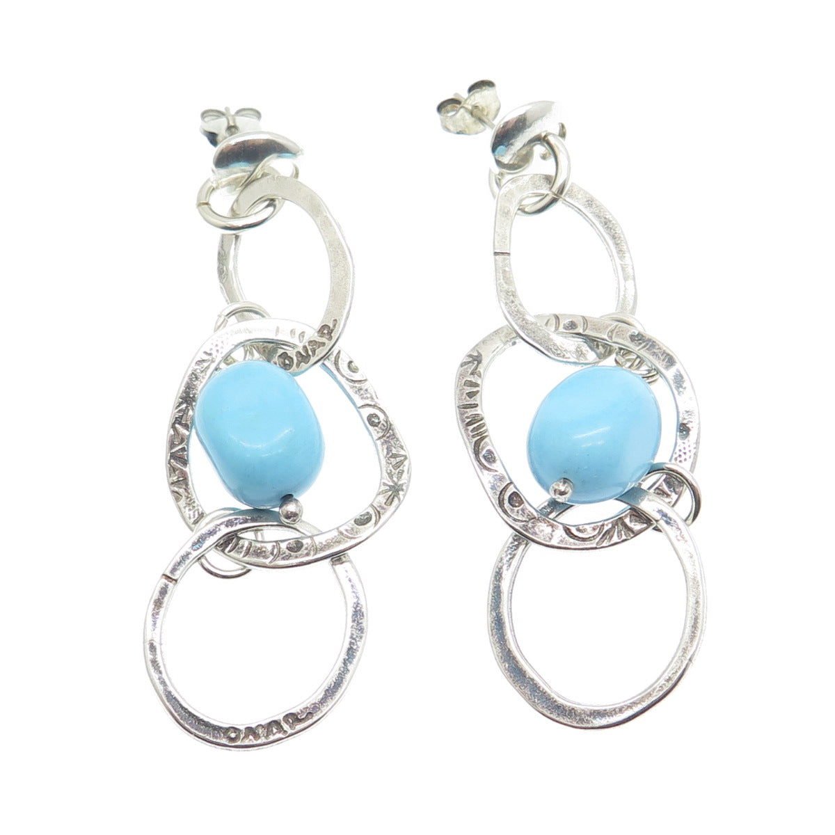925 Sterling Silver Vintage Real Turquoise Modernist Drop Circle Dangle Earrings