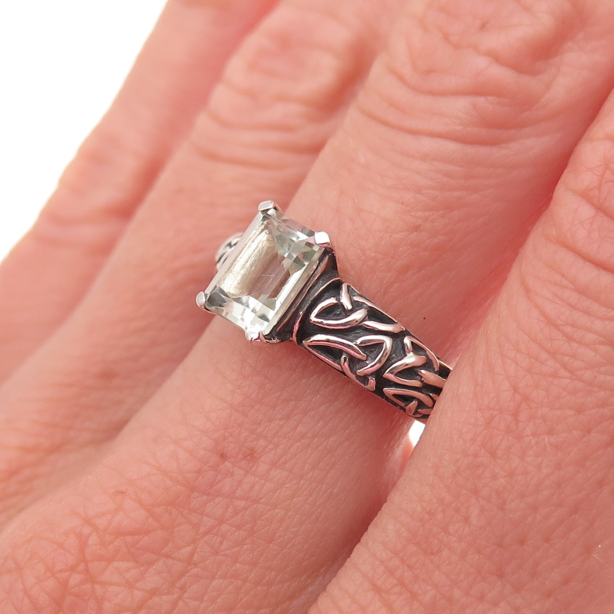 Solvar Sterling Silver Vintage Ireland Real Green Amethyst Trinity Ring Size 8