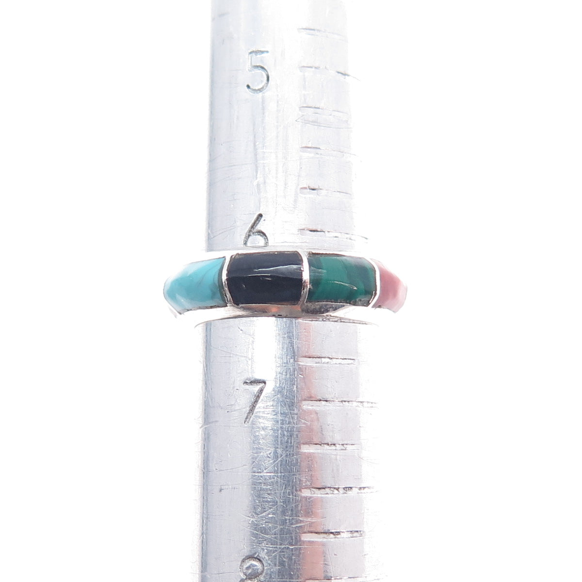 Jared Chavez Old Pawn Sterling Turquoise Malachite Coral Onyx MOP Ring Size 6.5