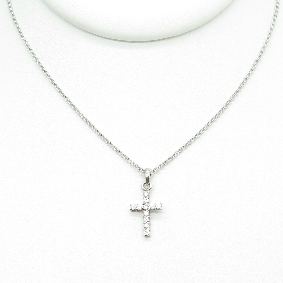925 Sterling Silver Italy Round-Cut C Z Mini Cross Rolo Chain Necklace 16"