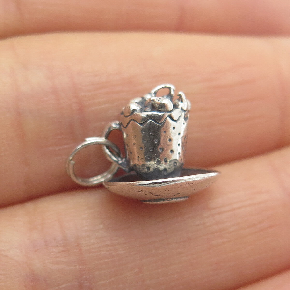 925 Sterling Silver Vintage Coffee Cup Oxidized Minimalist 3D Charm Pendant