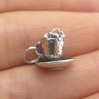 925 Sterling Silver Vintage Coffee Cup Oxidized Minimalist 3D Charm Pendant