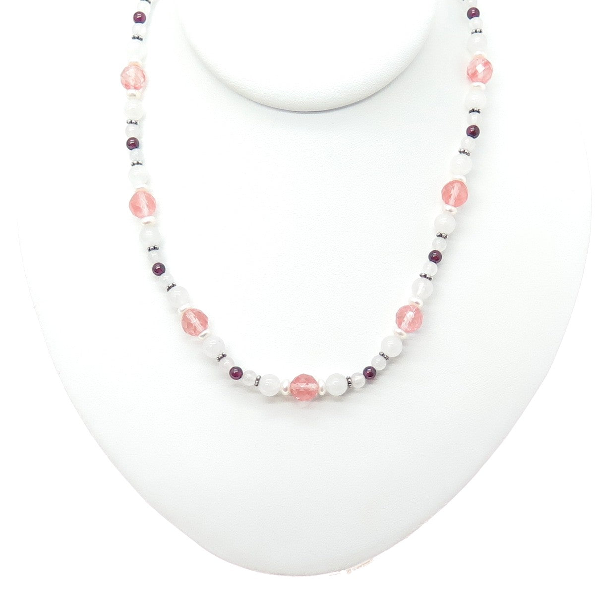 925 Sterling Vintage Rose & Cherry Quartz Tourmaline Beaded Chain Necklace 22"