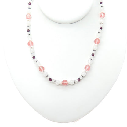 925 Sterling Vintage Rose & Cherry Quartz Tourmaline Beaded Chain Necklace 22"