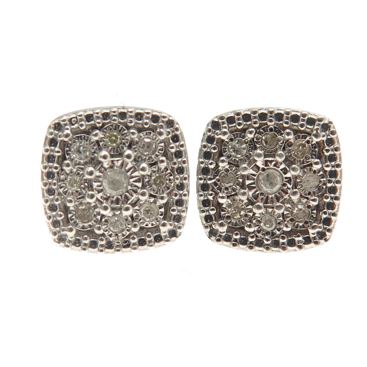 925 Sterling Silver Real Round-Cut White Diamond Square Earrings