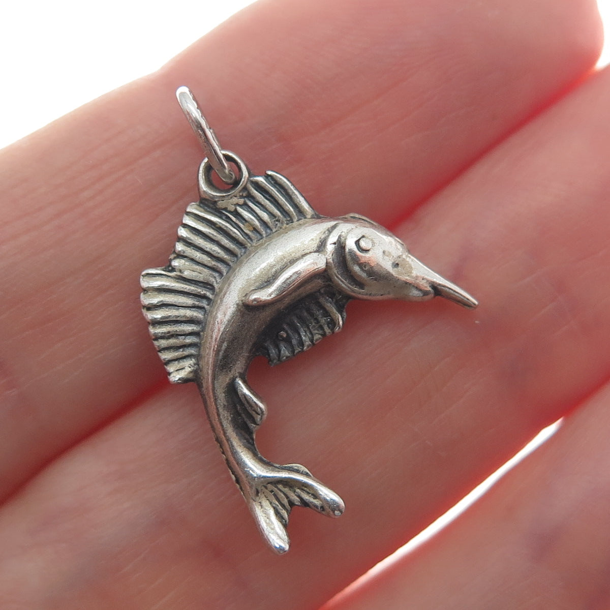 WELLS 925 Sterling Silver Vintage Swordfish Oxidized 3D Charm Pendant