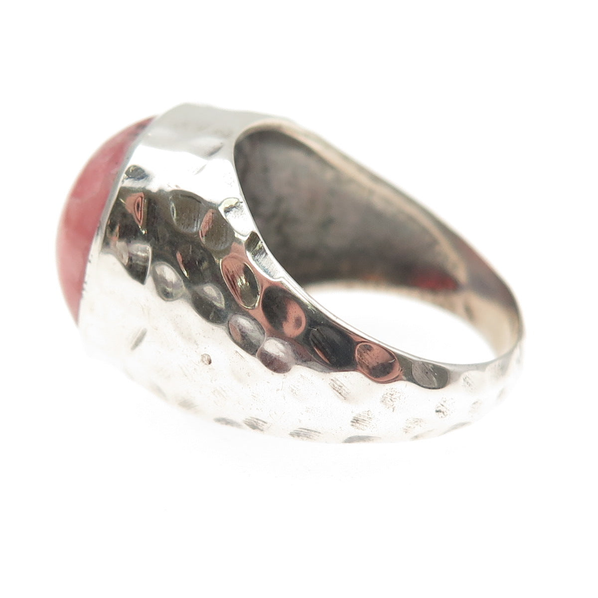 925 Sterling Silver Vintage Real Rhodochrosite Modernist Hammered Ring Size 8.25