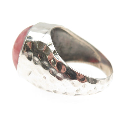 925 Sterling Silver Vintage Real Rhodochrosite Modernist Hammered Ring Size 8.25