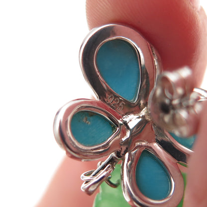 925 Sterling Silver Real Turquoise & Jade Butterfly Floral Dangle Earrings