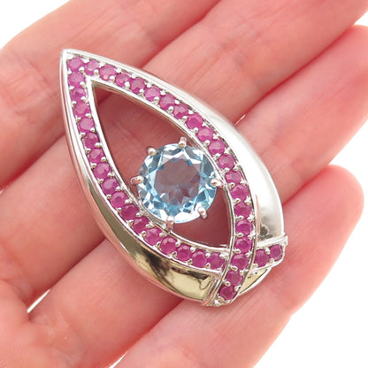 SX Sally C 925 Sterling Silver Real Blue Topaz & Ruby Teardrop Slide Pendant