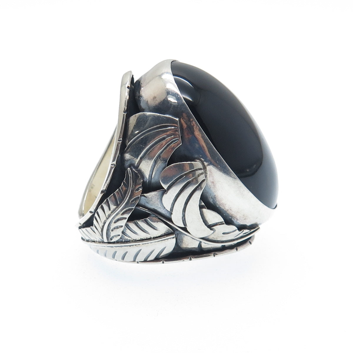 925 Sterling Silver Vintage Mexico Black Onyx Feather Adjustable Ring Size 11.25