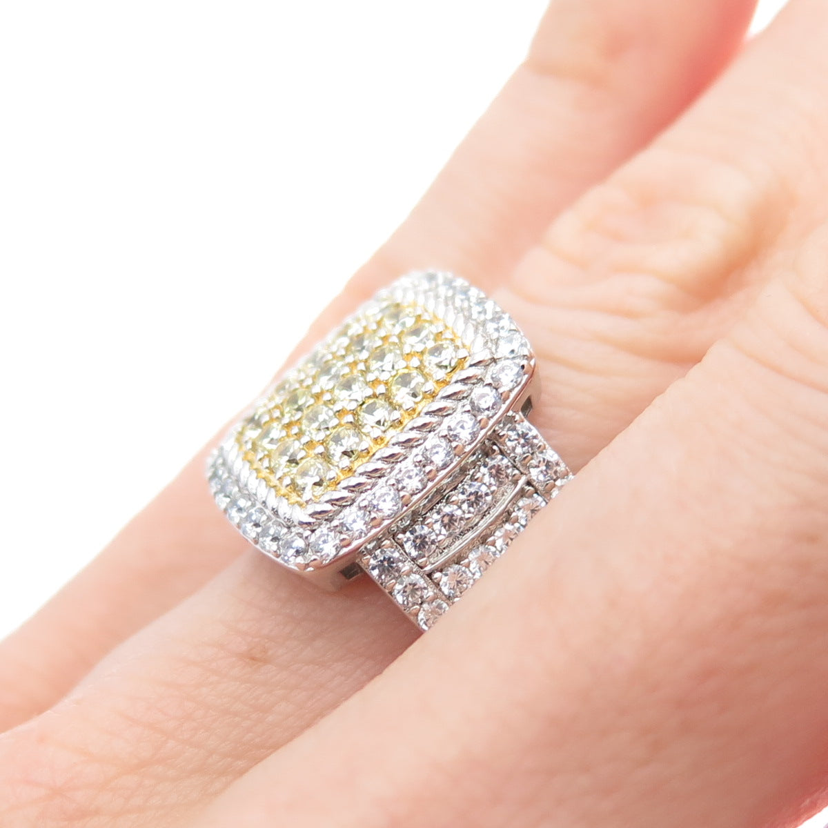 925 Sterling Silver 2-Tone Round-Cut Canary & White C Z Ring Size 7