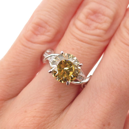 Key Star 925 Sterling Silver Round-Cut Canary & White C Z Ring Size 6