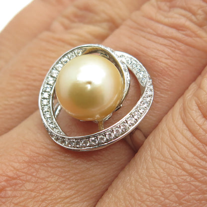 925 Sterling Silver Real Pearl & Round-Cut C Z Swirl Ring Size 7