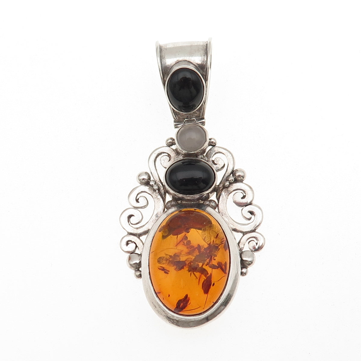 SUARTI BALI 925 Sterling Silver Vintage Real Amber Black Onyx Moonstone Pendant