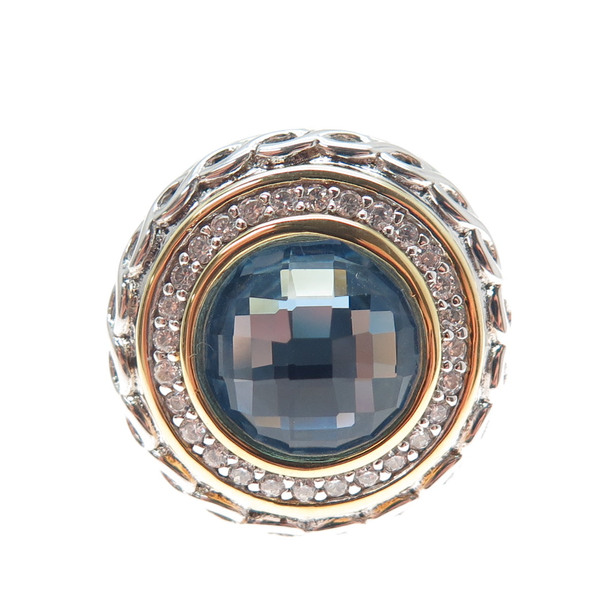 DSMK 925 Sterling Silver 2-Tone Round-Cut Blue & White C Z Ring Size 7.25