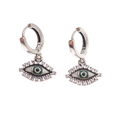 925 Sterling Silver Enamel & C Z Evil Eye Dangle Charm Hoop Earrings