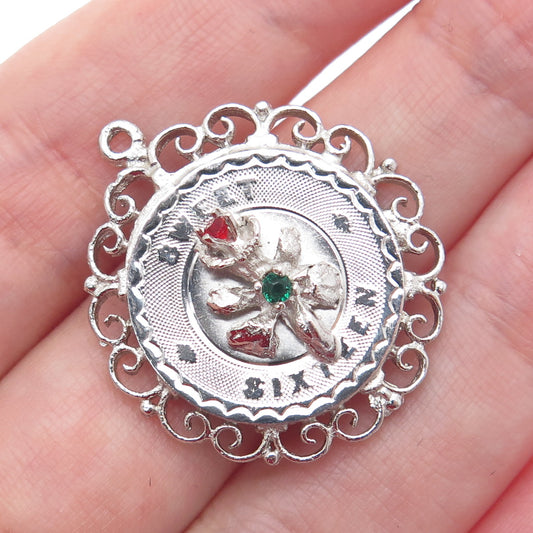 925 Sterling Silver Vintage Rhinestone Sweet Sixteen Floral Ornate Pendant